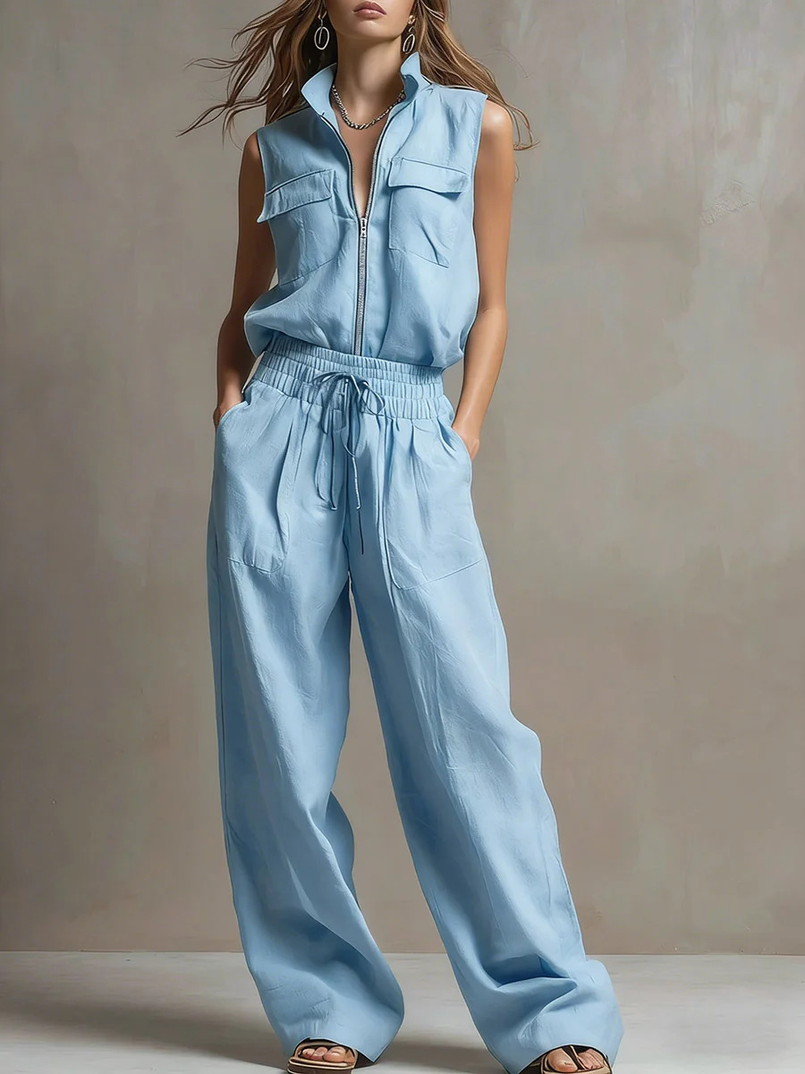 Casual Retro Green Cotton Linen Sleeveless Zip-up Shirt And Wide-leg Pants Set