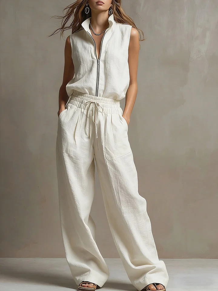 Casual Retro Green Cotton Linen Sleeveless Zip-up Shirt And Wide-leg Pants Set