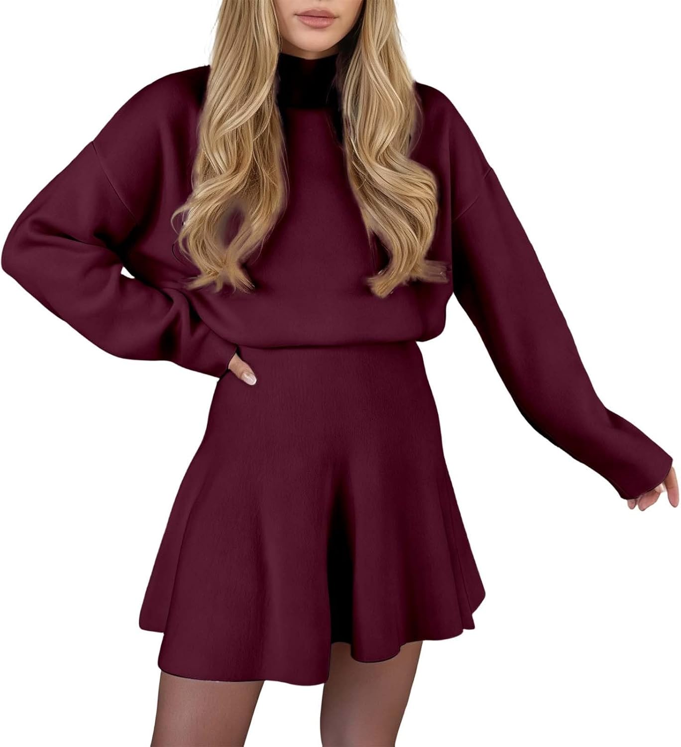 Round Neck Long Sleeve Mini Sweater Dress Set（Buy 2 Free Shipping)