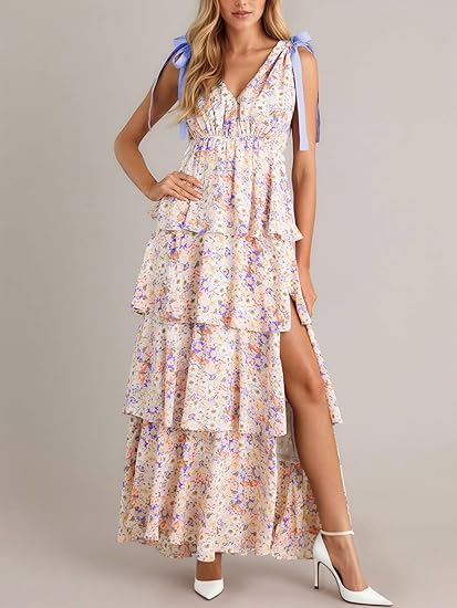 Womens Summer Sleeveless V Neck Floral Maxi Dress with Tie Strap- Boho Ruffle Tiered Beach Dresses (Buy 2 Free Shipping)