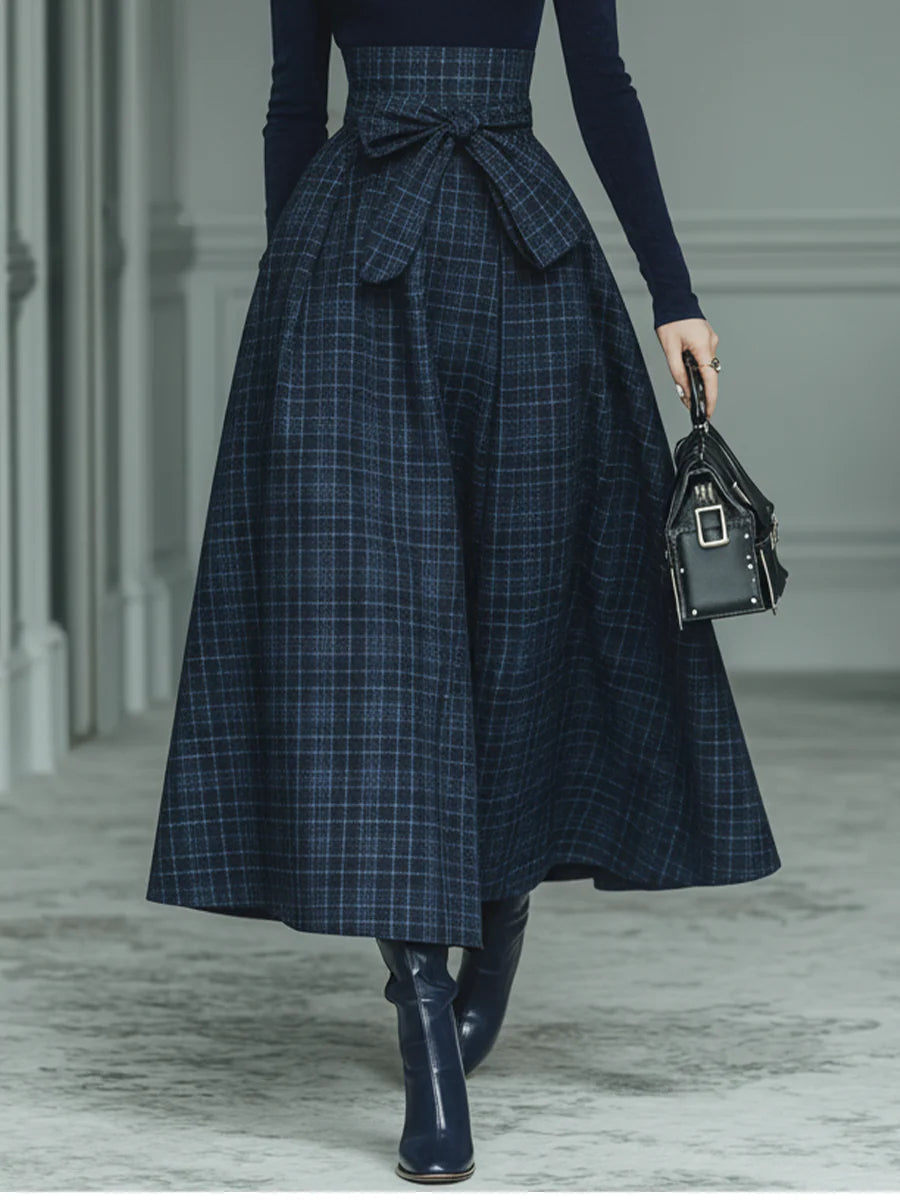 Dark blue turtleneck stretch top and plaid skirt set（Buy 2 Free Shipping)