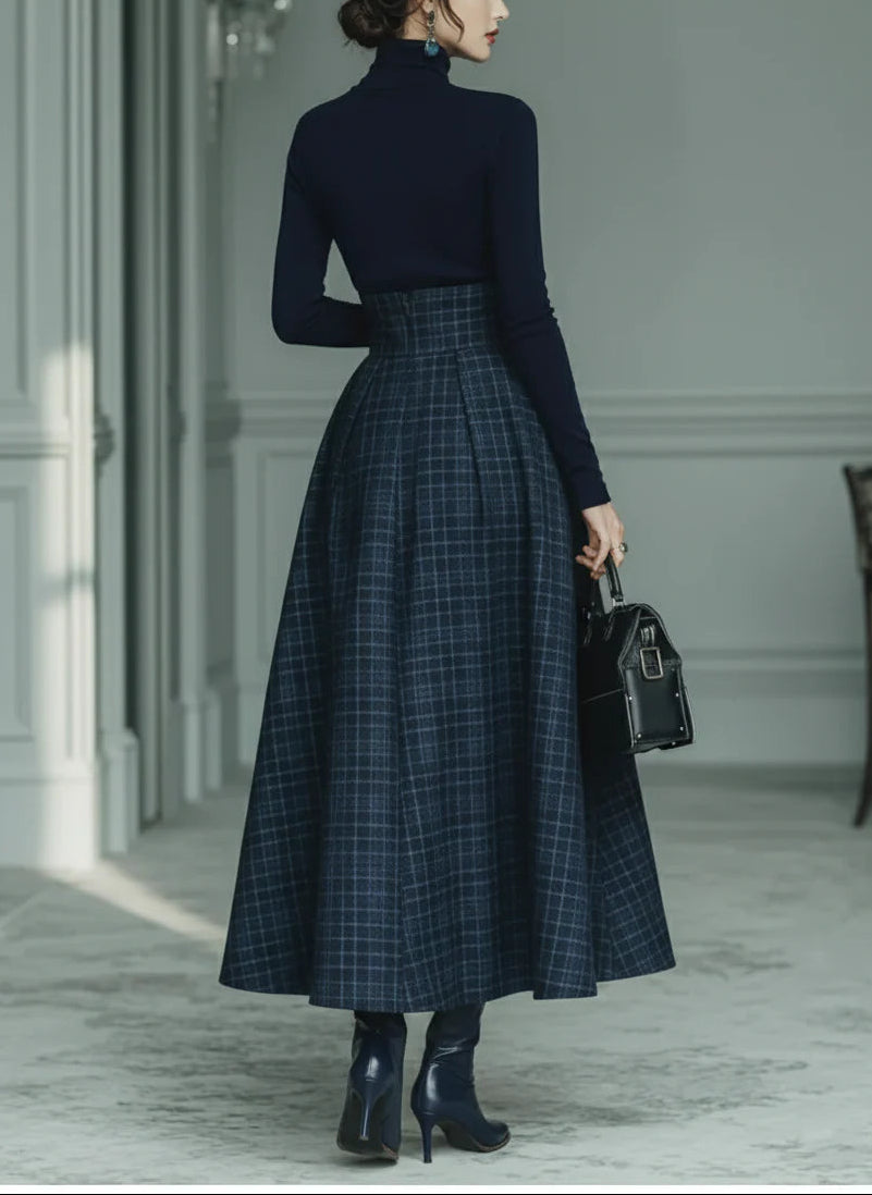 Dark blue turtleneck stretch top and plaid skirt set（Buy 2 Free Shipping)