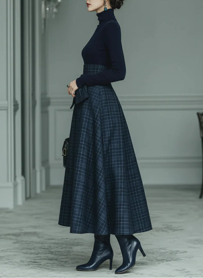Dark blue turtleneck stretch top and plaid skirt set（Buy 2 Free Shipping)