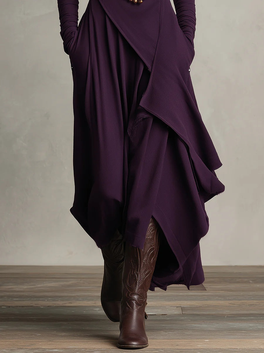 Purple High-neck Asymmetrical Pleated Maxi Dress（Buy 2 Free Shipping)