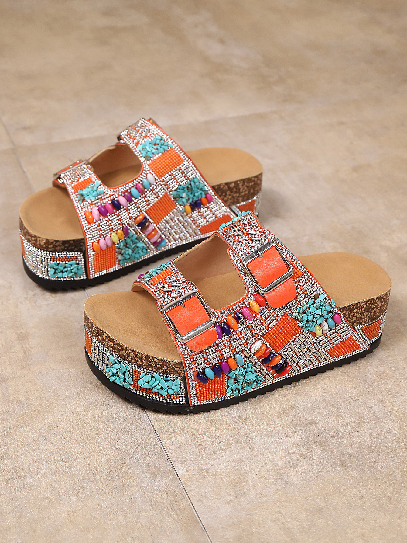 2026 New Arrival Women's Summer Fashion Height Incr Bohemian Style Platform Slides Thick Sole Sandals  Strappy with Metal Buckle Studs Decorated