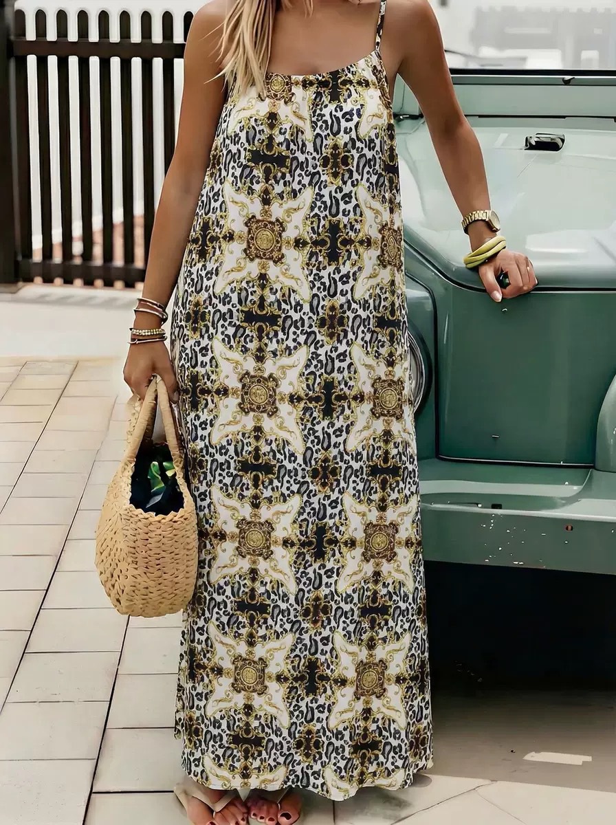 2026 New Women's Leopard and Striped Backless Maxi Dress （Buy 2 Free Shipping）