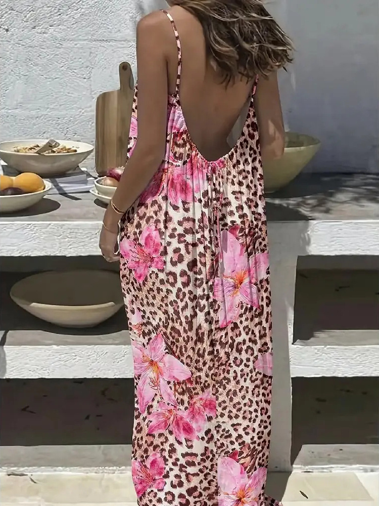2026 New Women's Leopard and Striped Backless Maxi Dress （Buy 2 Free Shipping）