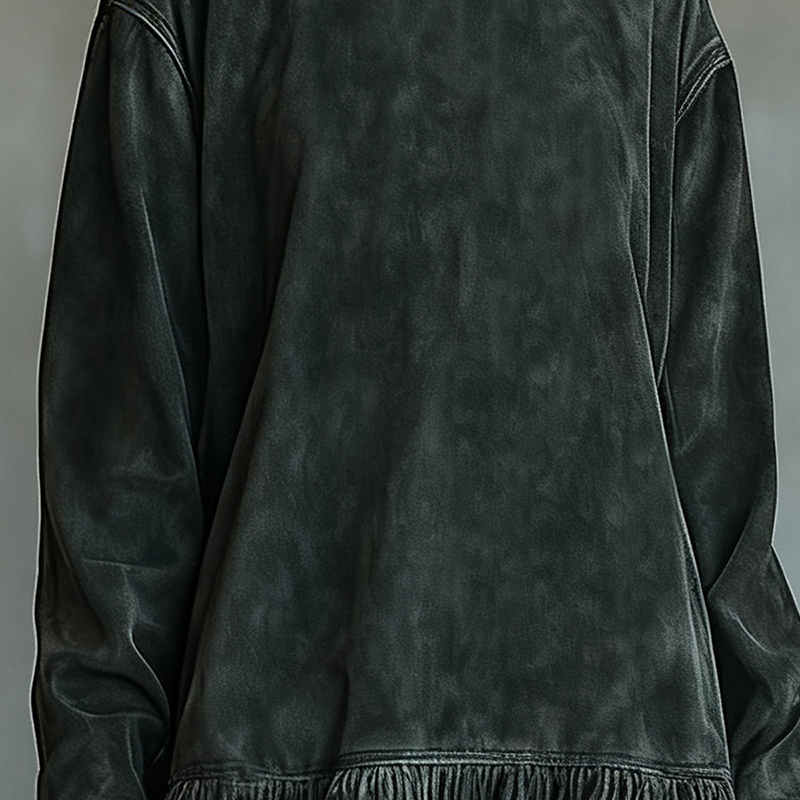 Women's Autumn And Winter Western Retro Suede Fabric Loose Casual Stand Collar Leopard Lace Decorated Dress