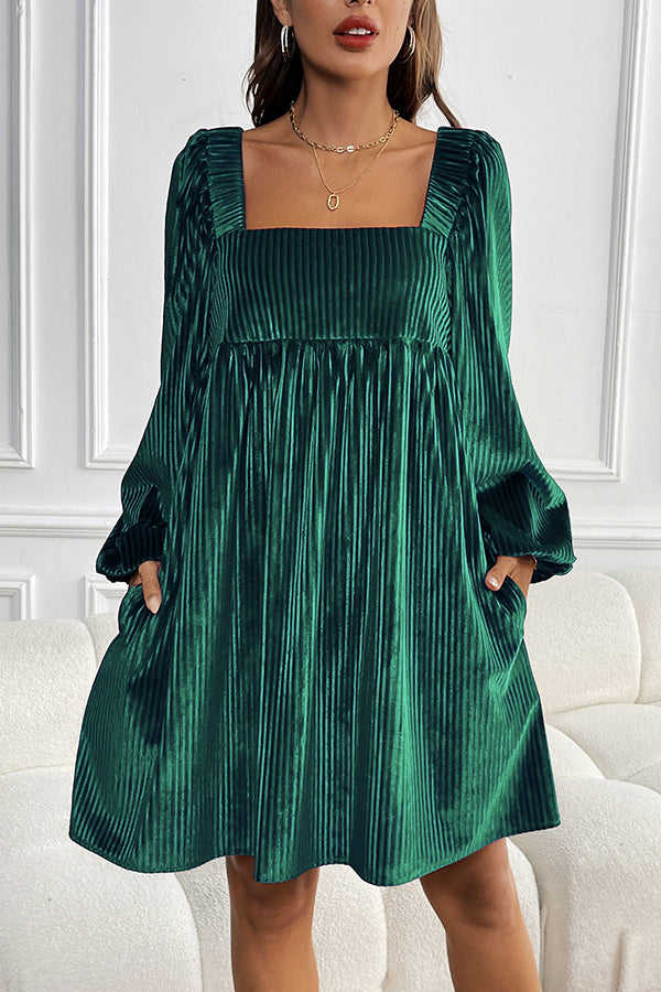 Solid Color Velvet Square Neck Long Sleeve Pocket Casual Mini Dress(Buy 2 Free Shipping)