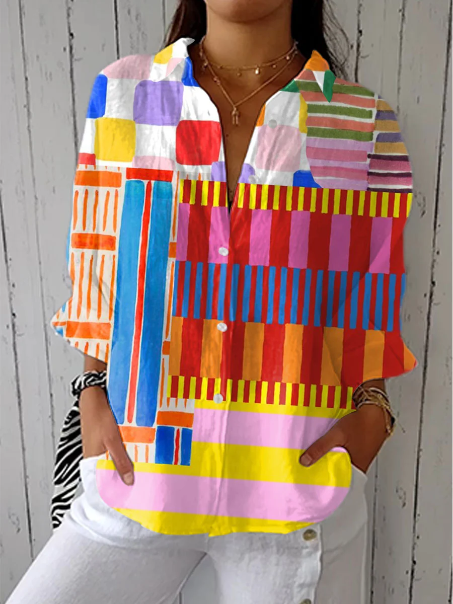 Women's Vintage Abstract Floral Art Print Linen V-Neck Shirt（Buy 2 Free Shipping)