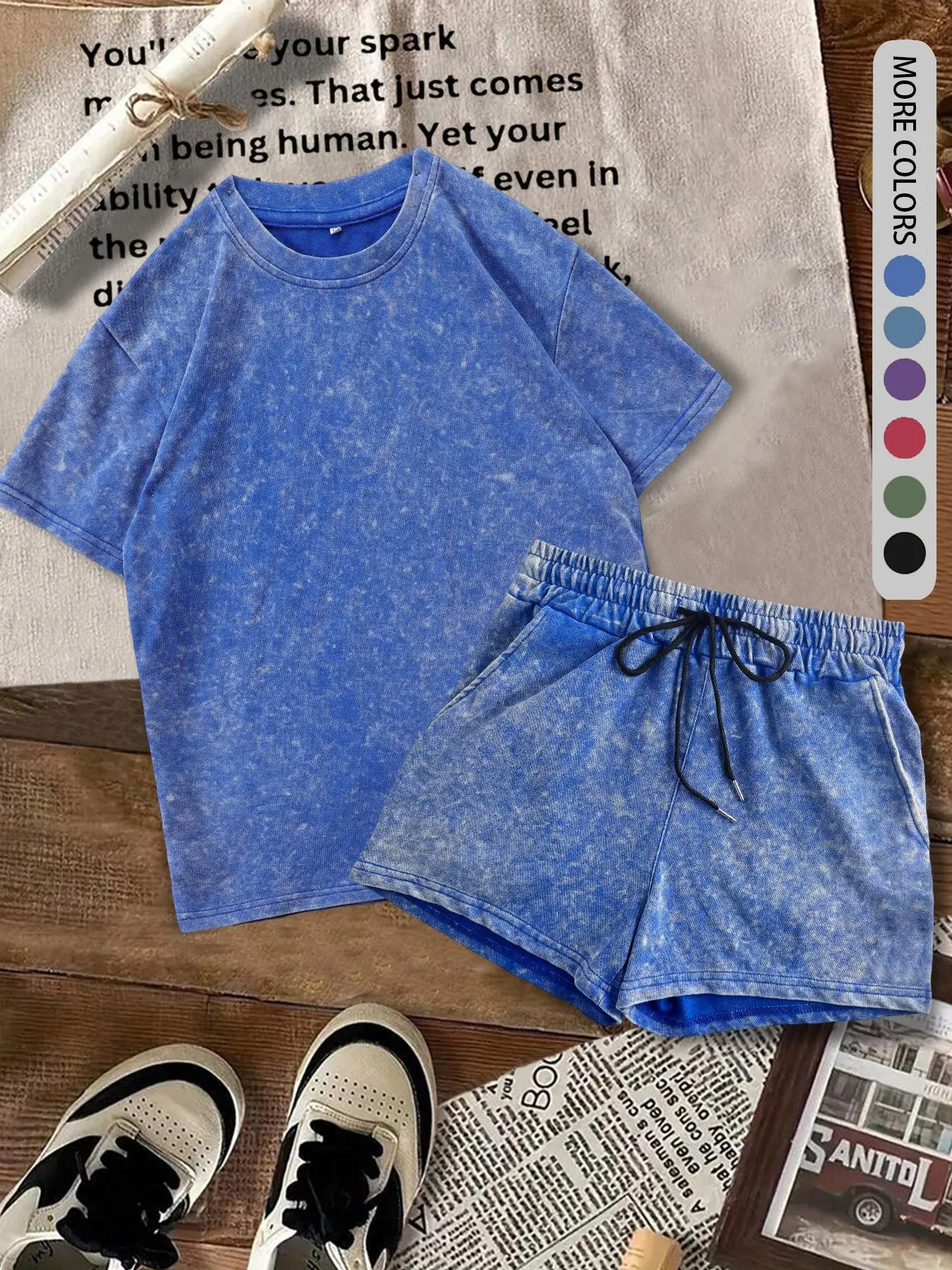 Two-piece Set Women's Solid Color Denim-effect Print Tee & Shorts  (Buy 2 Free Shipping)