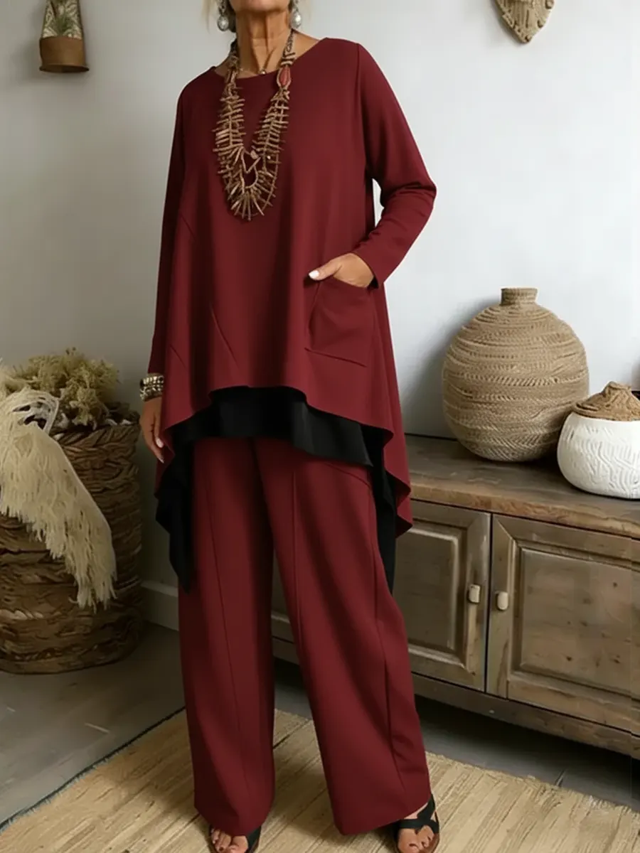 Women's Casual Asymmetrical Hem Cotton Top And Pants Two-piece Set