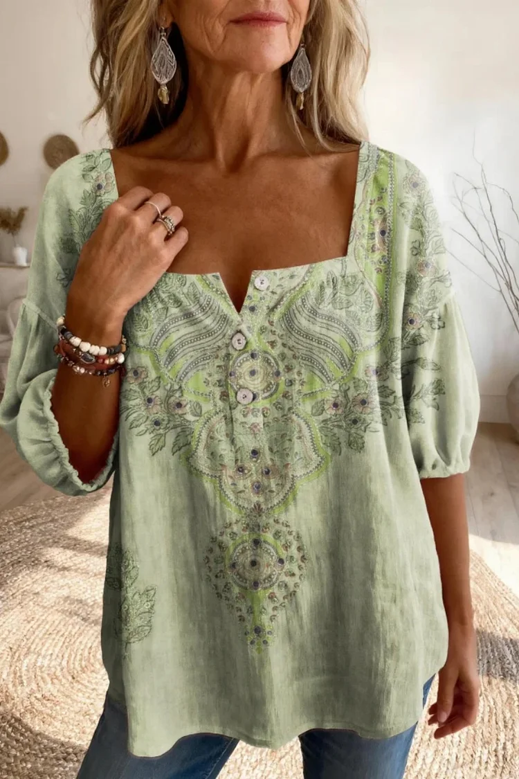 Women'S Retro Floral Print Casual Square Neck Top