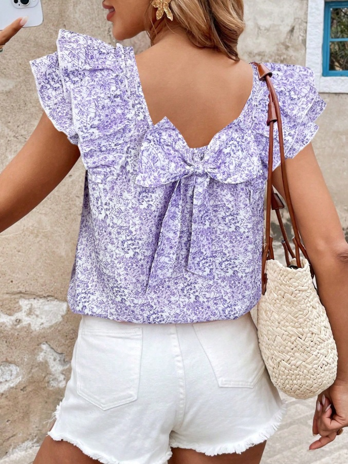 Short-Sleeve Shirt with Double-Layer Ruffles and Bow Accent
