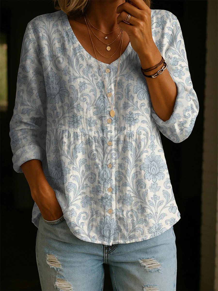  Women's Retro Flower Art Print Linen Cotton Shirt Women's Retro Flower Art Print Linen Cotton Shirt