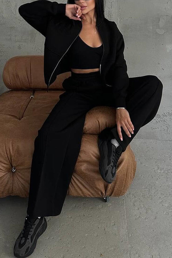 Solid Color Casual Long Sleeve Zipper Jacket and Elastic Waist Pocket Wide Leg Pants Set （Buy 2 Free Shipping)