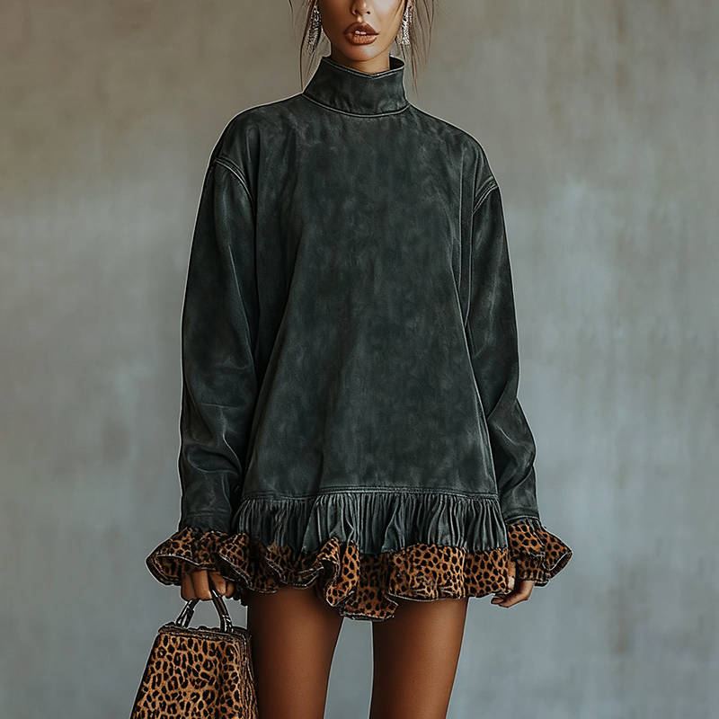 Women's Autumn And Winter Western Retro Suede Fabric Loose Casual Stand Collar Leopard Lace Decorated Dress