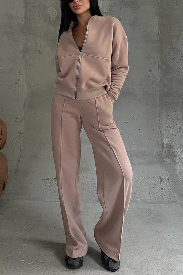 Solid Color Casual Long Sleeve Zipper Jacket and Elastic Waist Pocket Wide Leg Pants Set （Buy 2 Free Shipping)