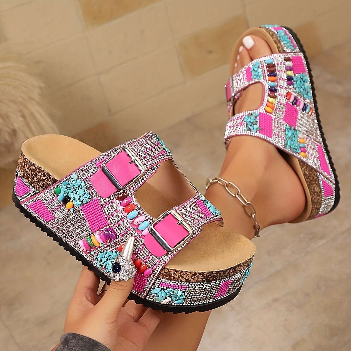 2026 New Arrival Women's Summer Fashion Height Incr Bohemian Style Platform Slides Thick Sole Sandals  Strappy with Metal Buckle Studs Decorated