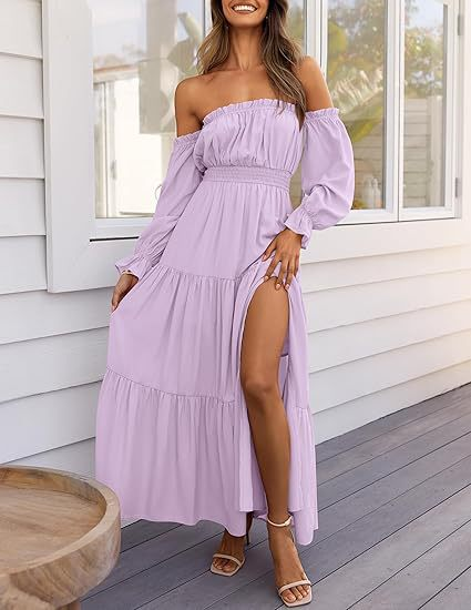 Women's Boho Sexy Off Shoulder Long Sleeve Smocked Maxi Dress （Buy 2 Free Shipping）