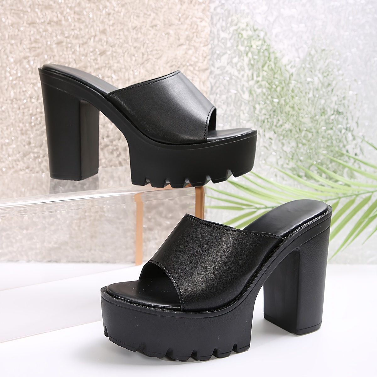 Women's New Spring/Summer Black Single-Strap Platform Chunky Heel Solid Color High Heel Sandals