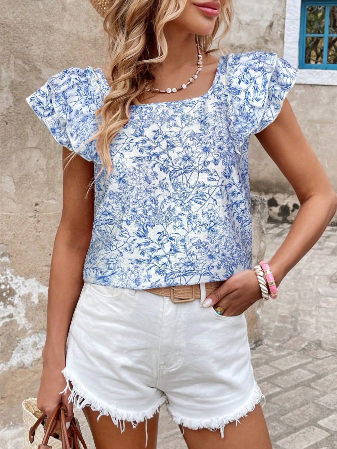 Short-Sleeve Shirt with Double-Layer Ruffles and Bow Accent