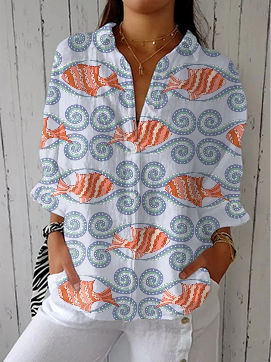 Women's Vintage Abstract Floral Art Print Linen V-Neck Shirt（Buy 2 Free Shipping)