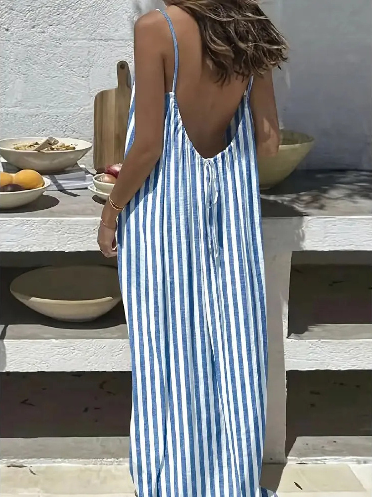 2026 New Women's Leopard and Striped Backless Maxi Dress （Buy 2 Free Shipping）