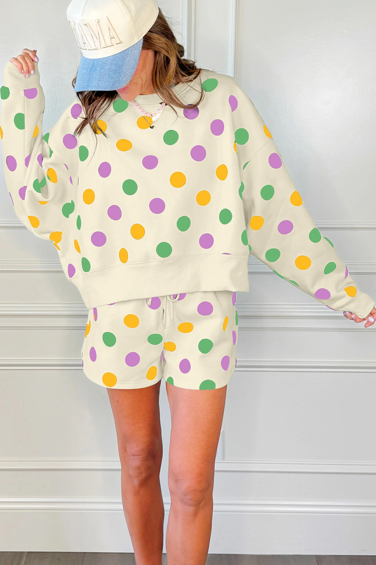 Polka Dot Print Drop Shoulder Pullover Drawstring Shorts Set（Buy 2 Free Shipping)