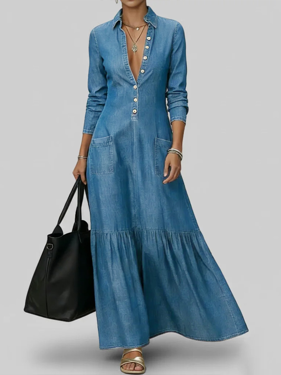 Women's Shirt Collar Long-sleeved Loose A-line Denim Dress