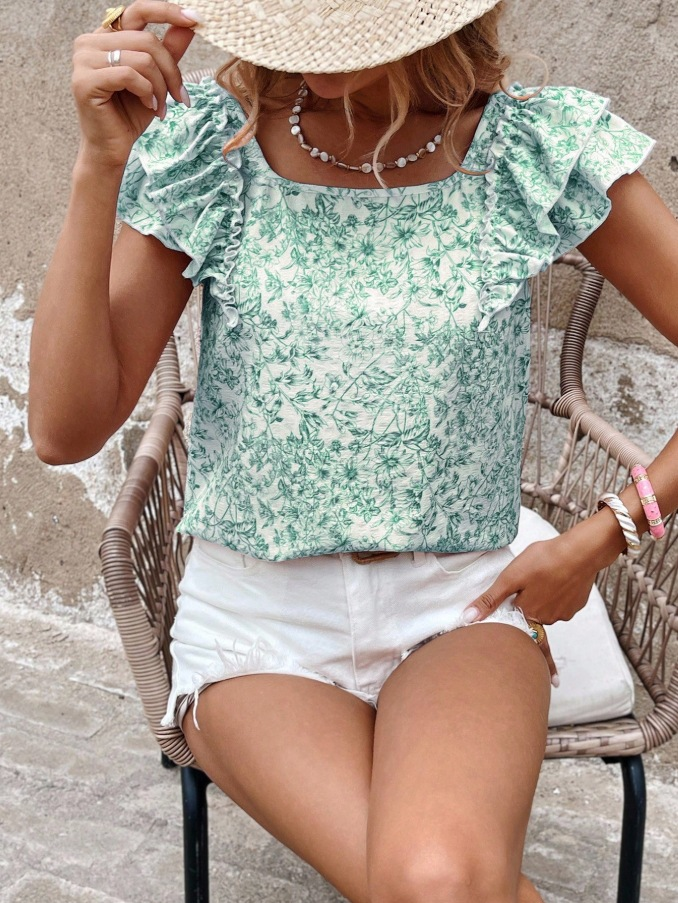 Short-Sleeve Shirt with Double-Layer Ruffles and Bow Accent