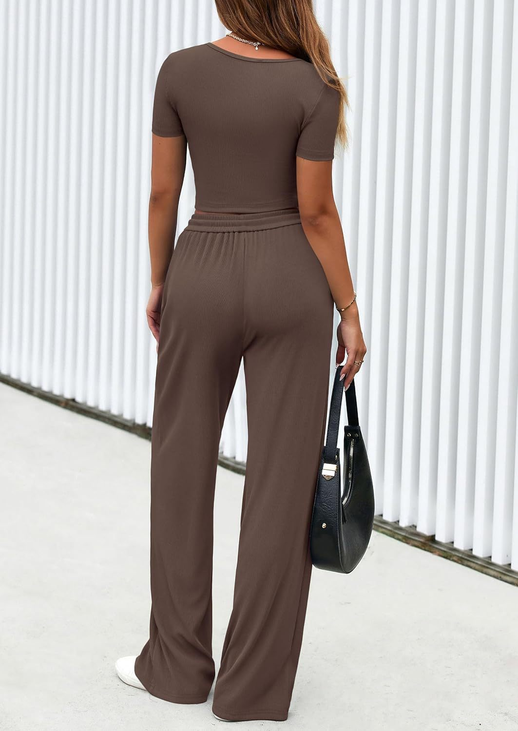 Women's 2-Piece Outfits Summer Ribbed Knit Button Short Sleeve Crop Slim Fit Tops & Wide Leg Pants Lounge Sets （Buy 2 Free Shipping)