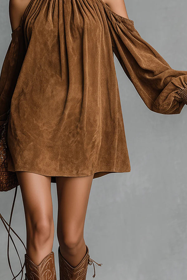 Stylish Off-shoulder Lantern-sleeved Suede Loose Mini Dress（Buy 2 Free Shipping)