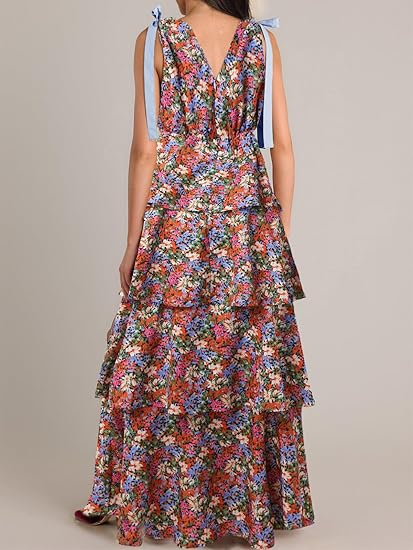 Womens Summer Sleeveless V Neck Floral Maxi Dress with Tie Strap- Boho Ruffle Tiered Beach Dresses (Buy 2 Free Shipping)