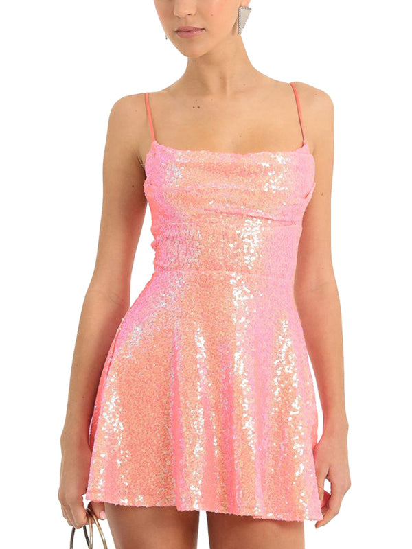 Sexy Party Spaghetti Strap Sequined Bow Contrast Mini Dress （Buy 2 Free Shipping）