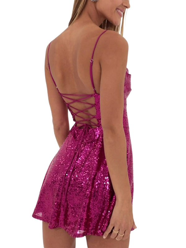 Sexy Party Spaghetti Strap Sequined Bow Contrast Mini Dress （Buy 2 Free Shipping）