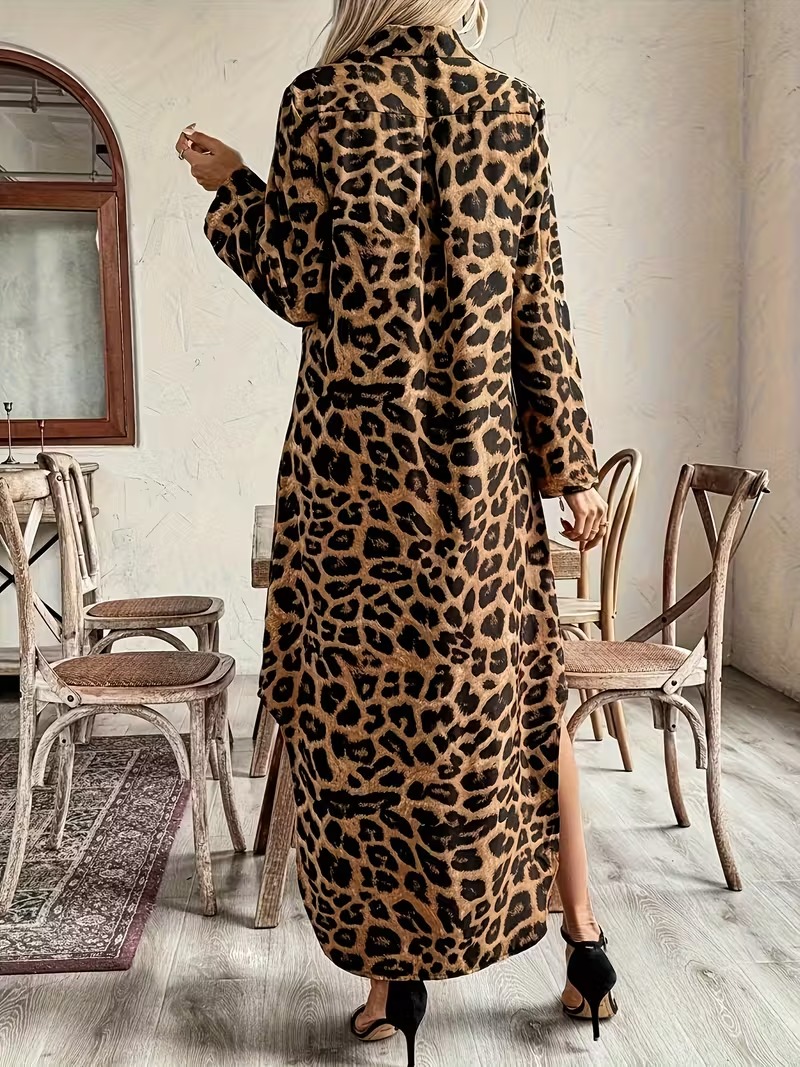 Women's Leopard Print Collared Pocket Shirt Dress (Buy 2 Free Shipping)