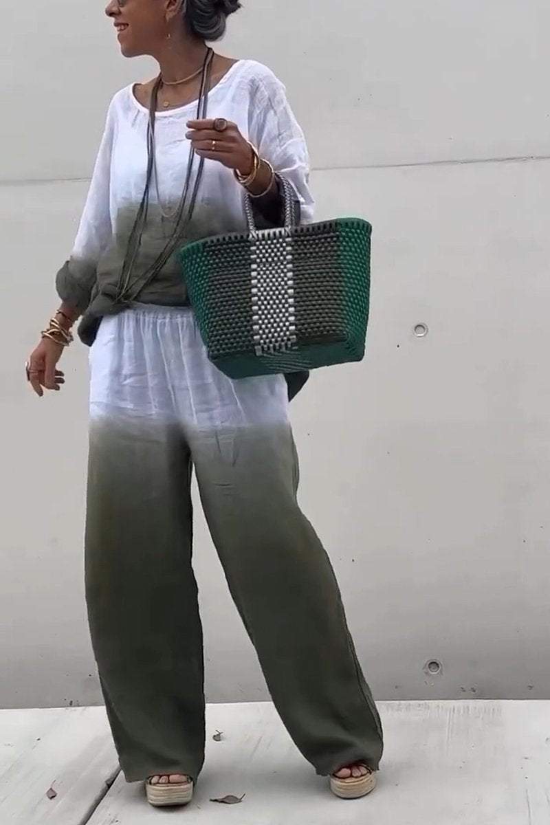 Women's Casual Round-neck Gradient Cotton and Linen Two-piece Suit（Buy 2 Free Shipping)