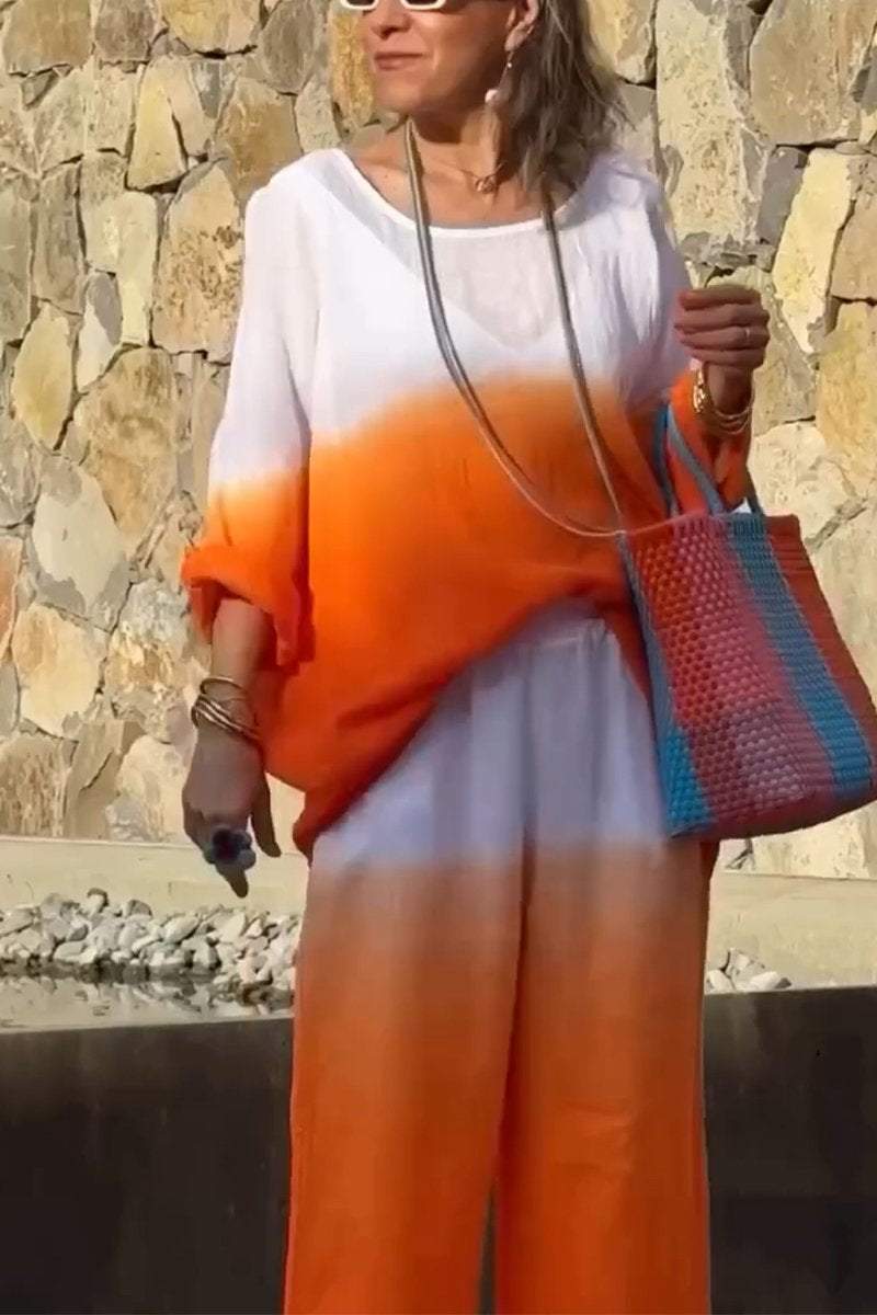 Women's Casual Round-neck Gradient Cotton and Linen Two-piece Suit（Buy 2 Free Shipping)