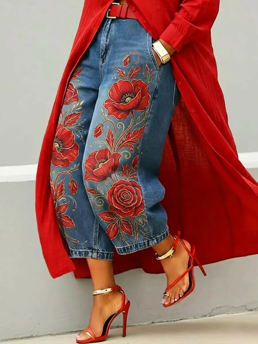 Women's Retro Floral Pattern Art Print Casual Jeans (Buy 2 Free Shipping)