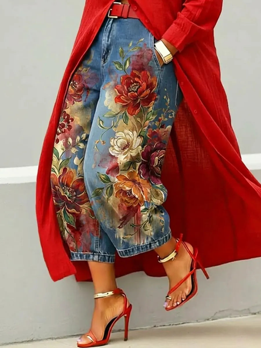 Women's Retro Floral Pattern Art Print Casual Jeans ((Buy 2 Free Shipping))