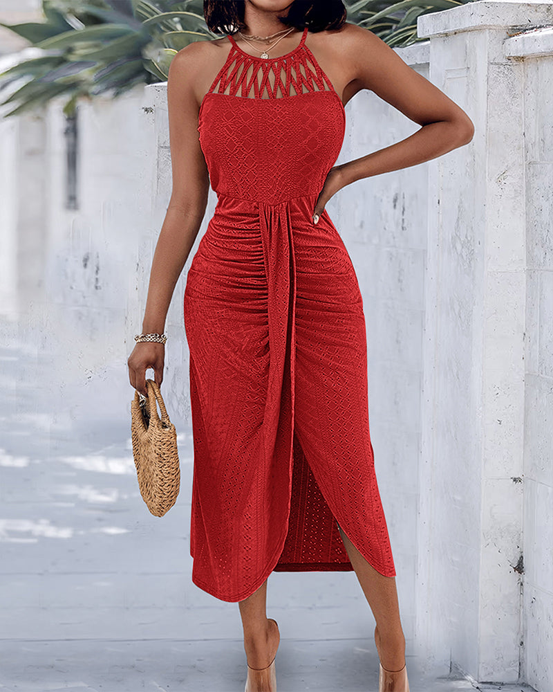 Halter Tie Criss Cross Front Knit Jacquard Textured Slit Dress Casual Hollow-out Draped Vacation Dress