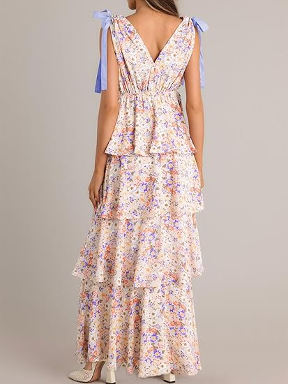 Womens Summer Sleeveless V Neck Floral Maxi Dress with Tie Strap- Boho Ruffle Tiered Beach Dresses (Buy 2 Free Shipping)