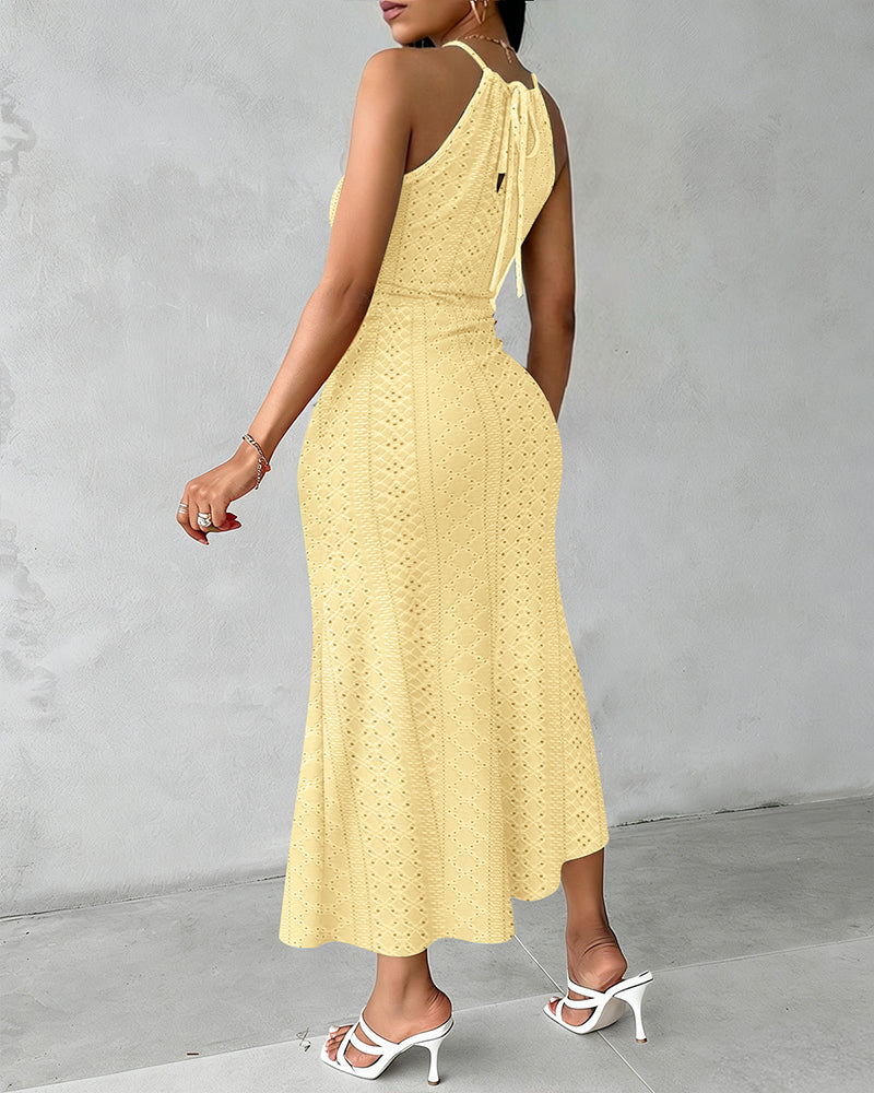 Halter Tie Criss Cross Front Knit Jacquard Textured Slit Dress Casual Hollow-out Draped Vacation Dress