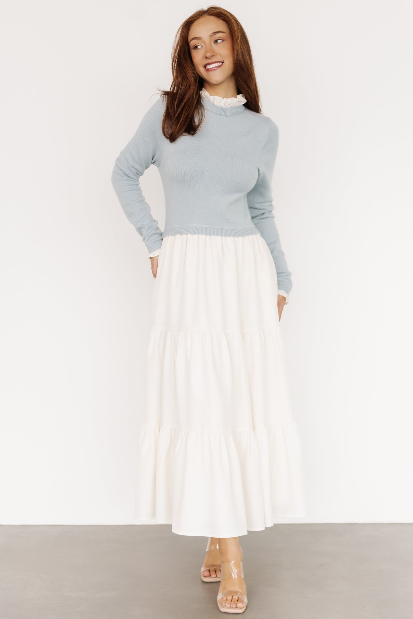 Sophie Sweater Dress | Light Blue + Ivory-Glamsiq