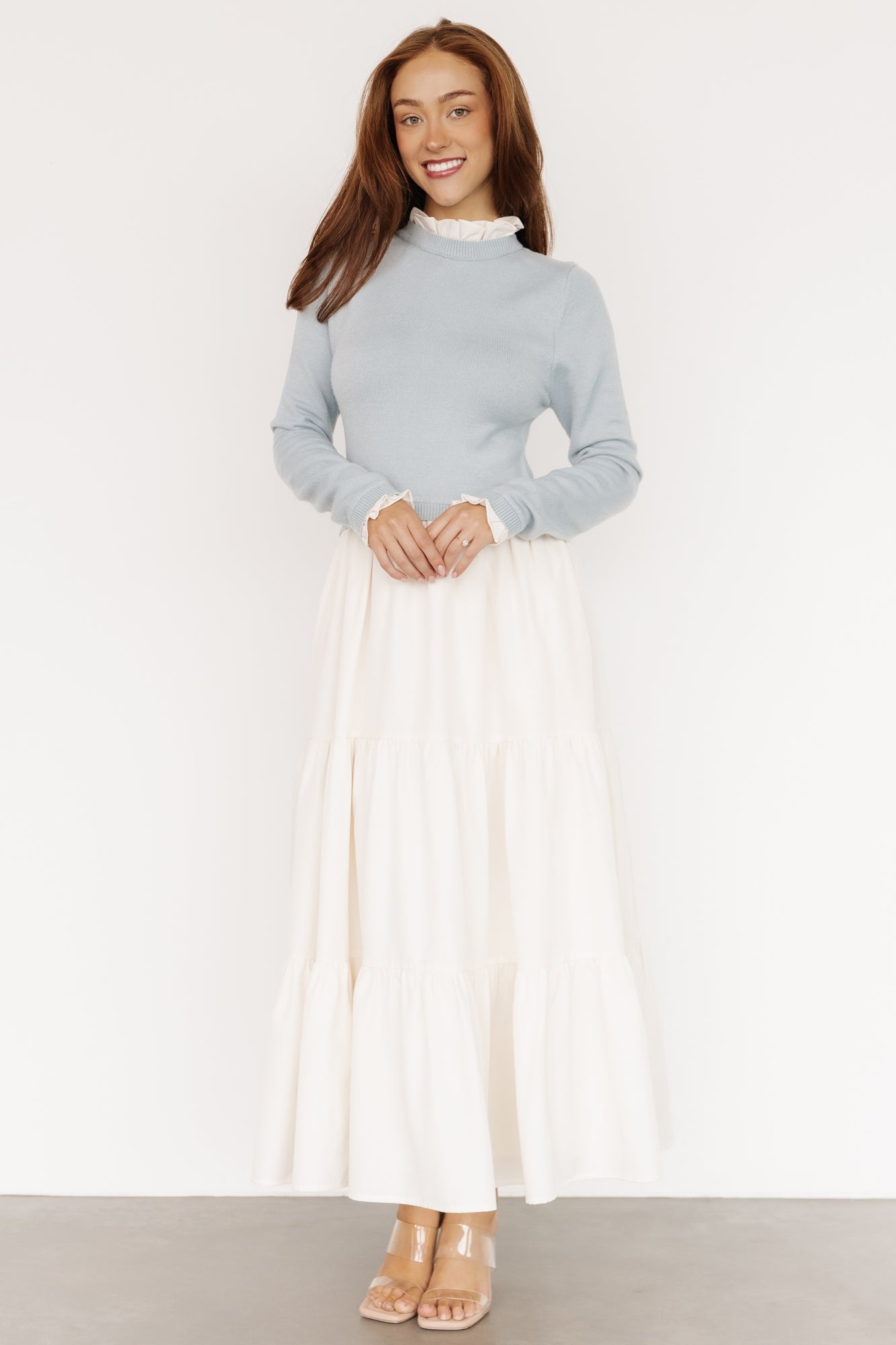 Sophie Sweater Dress | Light Blue + Ivory-Glamsiq