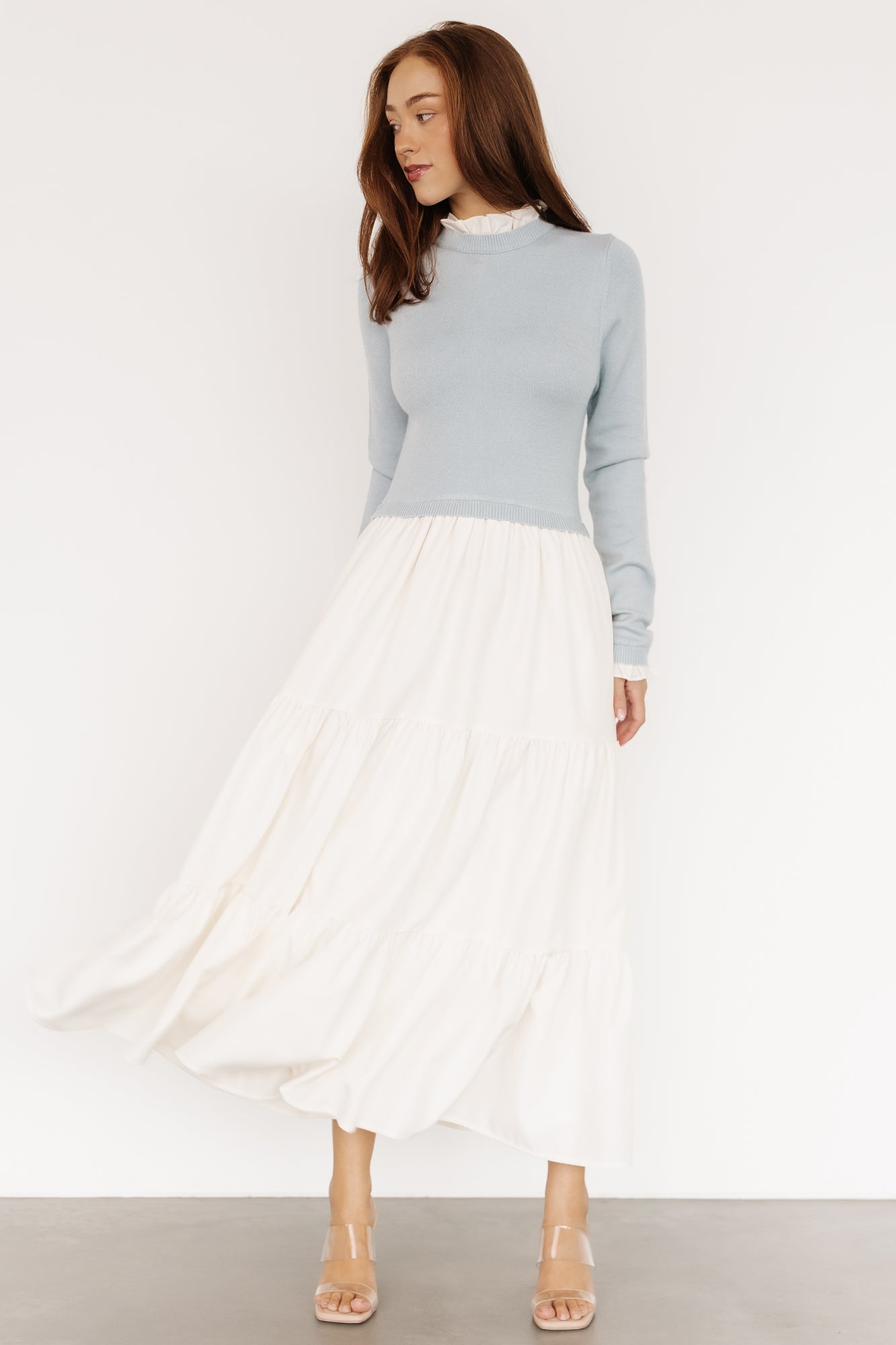 Sophie Sweater Dress | Light Blue + Ivory-Glamsiq