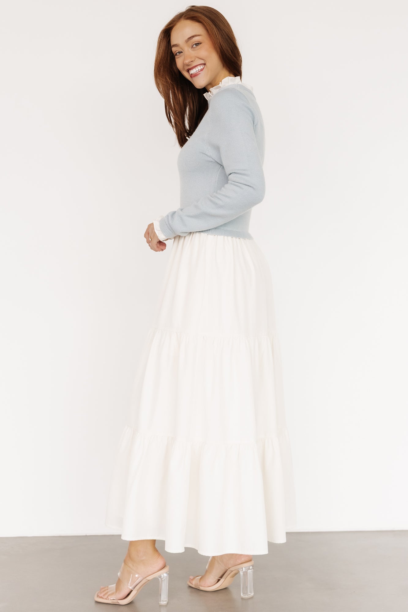 Sophie Sweater Dress | Light Blue + Ivory-Glamsiq