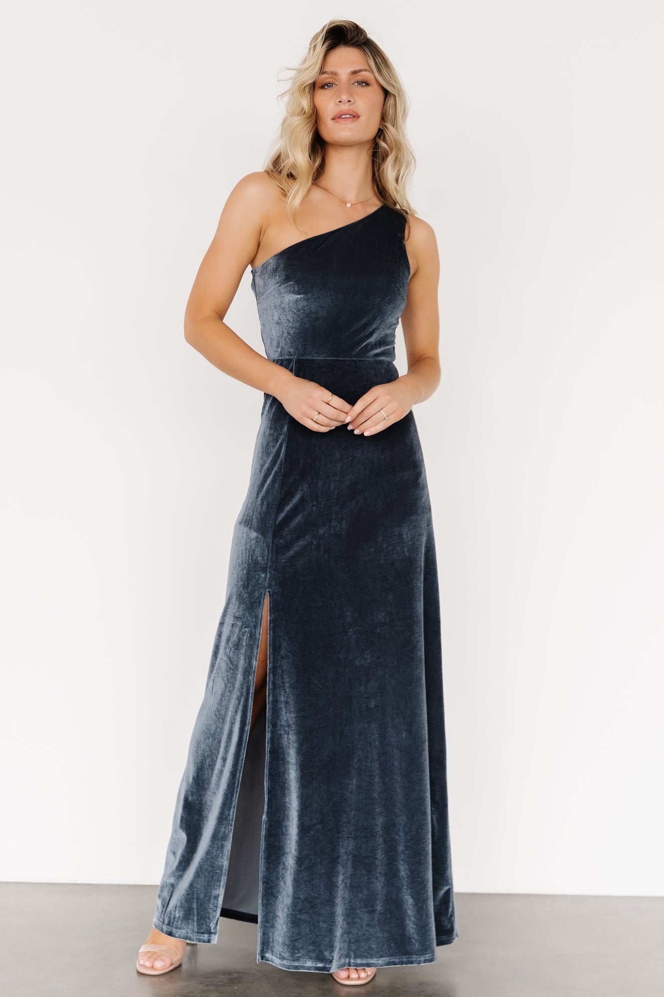Tatiana Velvet One Shoulder Maxi Dress | Slate Blue-Glamsiq