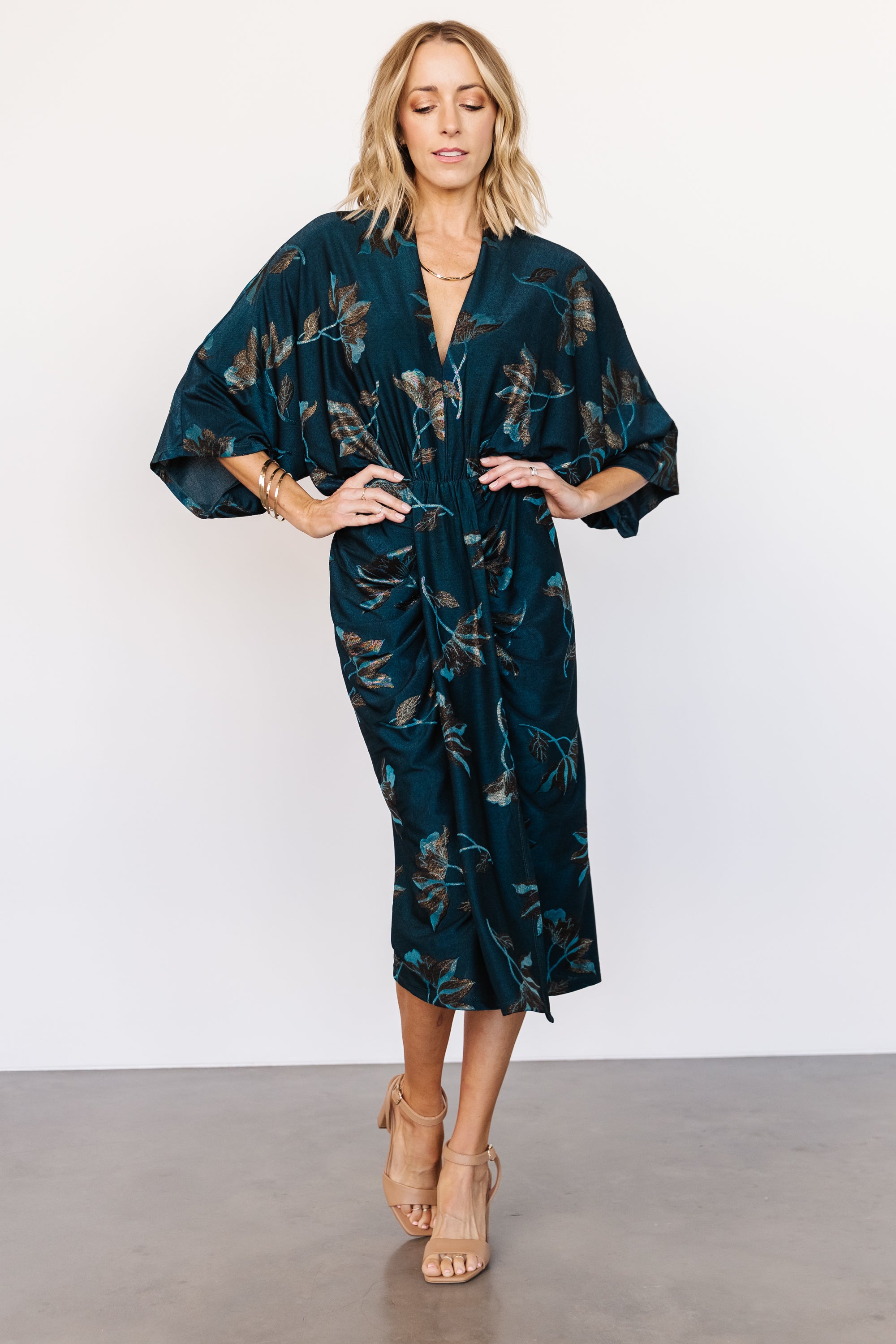 Shaneen Ruched Midi Dress | Jade Floral Shimmer-Glamsiq